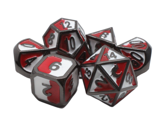 Old School 7 Piece DnD RPG Metal Dice Set: Dragon Forged - Red & White w/ Black Nickel