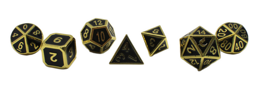 Old School 7 Piece DnD RPG Metal Dice Set: Elven Forged - Black w/ Gold