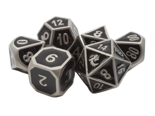 Old School 7 Piece DnD RPG Metal Dice Set: Elven Forged - Black w/ Silver