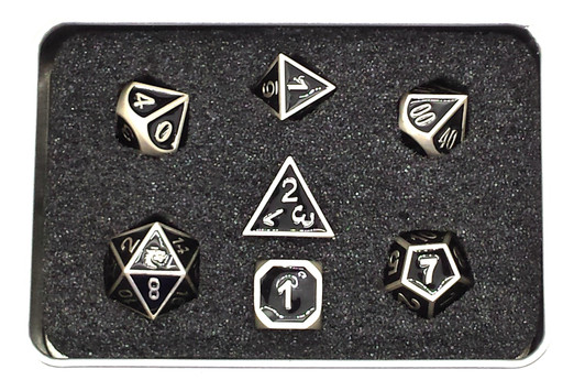 Old School 7 Piece DnD RPG Metal Dice Set: Elven Forged - Black w/ Silver