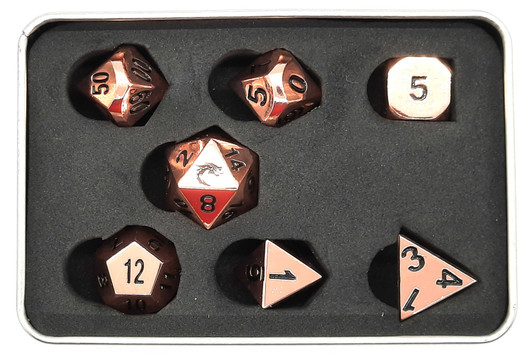 Old School 7 Piece DnD RPG Metal Dice Set: Halfling Forged - Shiny Copper