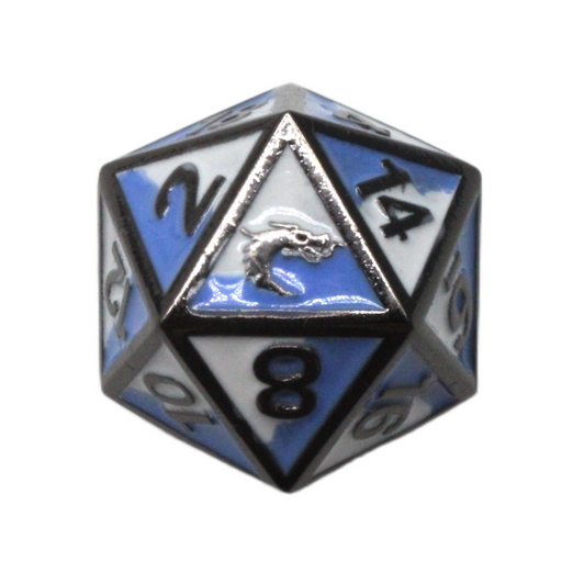 Old School DnD RPG D20 Metal Dice: Dragon Forged - Blue & White w/ Black Nickel