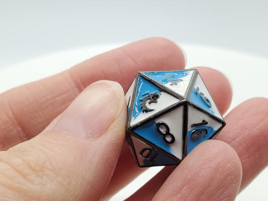 Old School DnD RPG D20 Metal Dice: Dragon Forged - Blue & White w/ Black Nickel