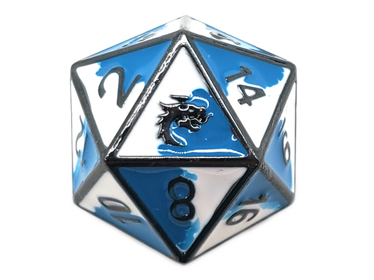 Old School DnD RPG D20 Metal Dice: Dragon Forged - Blue & White w/ Black Nickel