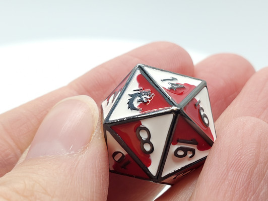 Old School DnD RPG D20 Metal Dice: Dragon Forged - Red & White w/ Black Nickel