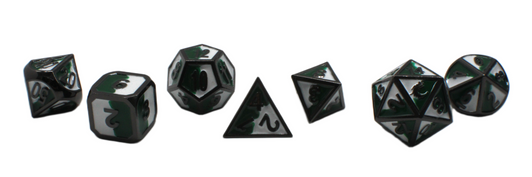 Old School 7 Piece DnD RPG Metal Dice Set: Dragon Forged - Green & White w/ Black Nickel