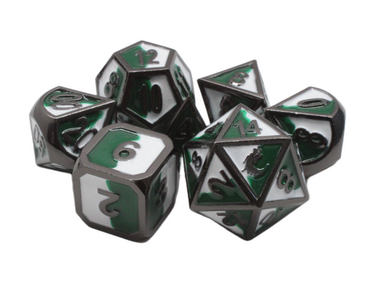 Old School 7 Piece DnD RPG Metal Dice Set: Dragon Forged - Green & White w/ Black Nickel