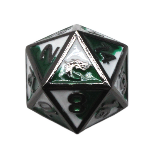 Old School 7 Piece DnD RPG Metal Dice Set: Dragon Forged - Green & White w/ Black Nickel