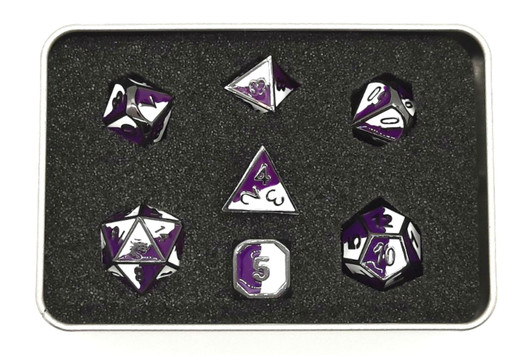 Old School 7 Piece DnD RPG Metal Dice Set: Dragon Forged - Purple & White w/ Black Nickel