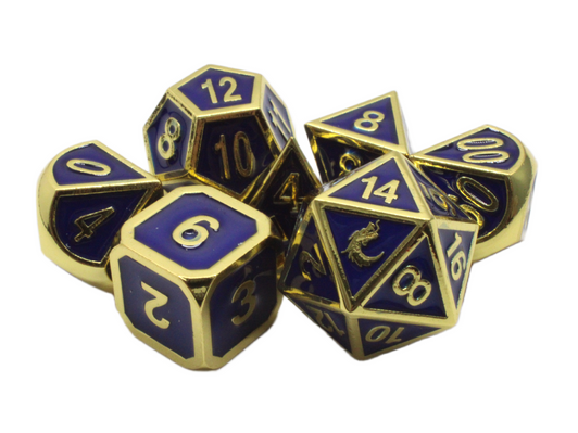 Old School 7 Piece DnD RPG Metal Dice Set: Elven Forged - Blue w/ Gold