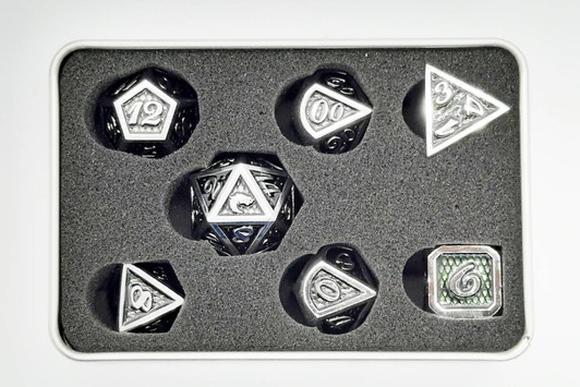 Old School 7 Piece DnD RPG Metal Dice Set: Dragon Scale - Black