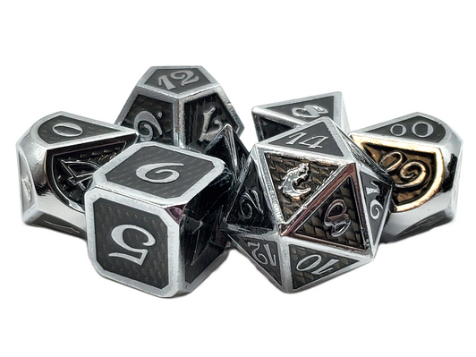 Old School 7 Piece DnD RPG Metal Dice Set: Dragon Scale - Black