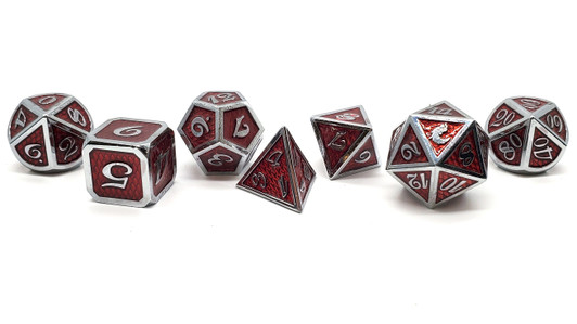 Old School 7 Piece DnD RPG Metal Dice Set: Dragon Scale - Red