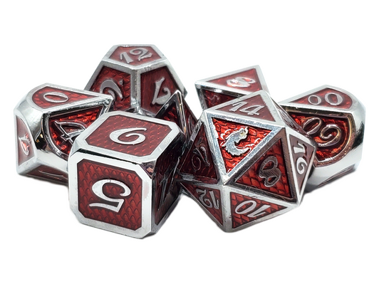 Old School 7 Piece DnD RPG Metal Dice Set: Dragon Scale - Red