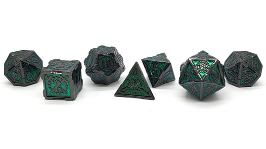 Old School 7 Piece DnD RPG Metal Dice Set: Knights of the Round Table - Emerald w/ Black
