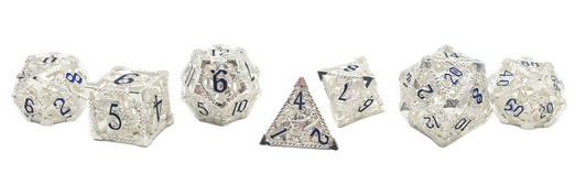 Old School Dice: Hollow Metal 7-Piece Set - Dragon - Silver w/ Blue