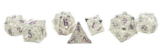 Old School Dice: Hollow Metal 7-Piece Set - Dragon - Silver w/ Purple