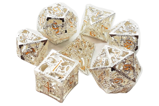 Old School Dice: Hollow Metal 7-Piece Set - Dragon - Silver w/ Yellow