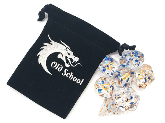 Old School 7 Piece DnD RPG Dice Set: Infused - Blue Stars w/ Gold