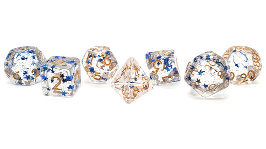 Old School 7 Piece DnD RPG Dice Set: Infused - Blue Stars w/ Gold