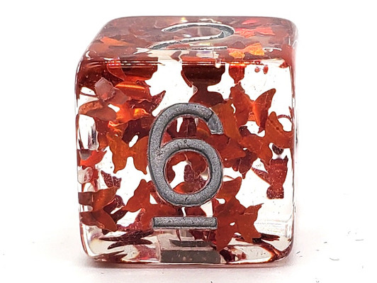 Old School 7 Piece DnD RPG Dice Set: Infused - Orange Butterfly w/ Silver