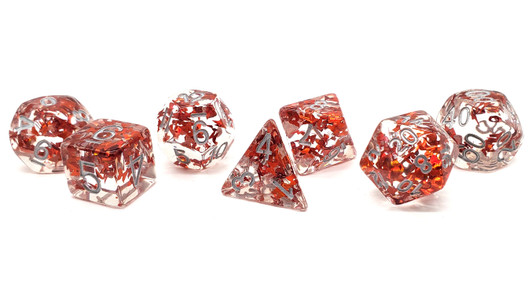 Old School 7 Piece DnD RPG Dice Set: Infused - Orange Butterfly w/ Silver