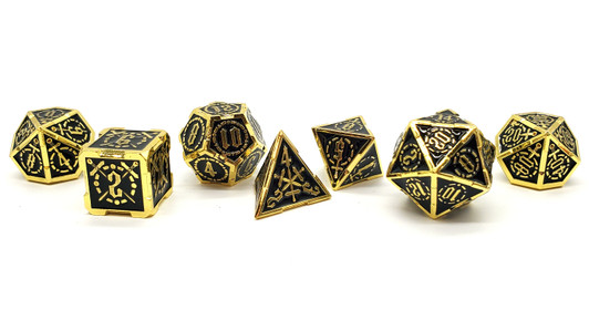 Old School 7 Piece DnD RPG Metal Dice Set: Knights of the Round Table - Black w/ Gold