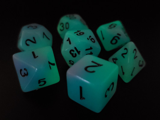 Old School 7 Piece DnD RPG Dice Set: Glow Dice - Blue & Purple