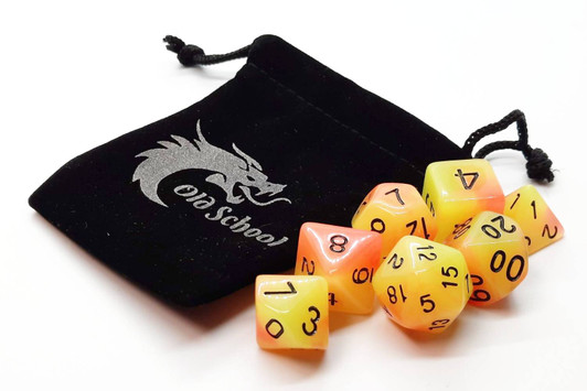 Old School 7 Piece DnD RPG Dice Set: Glow Dice - Orange & Yellow