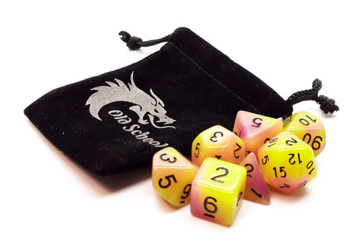 Old School 7 Piece DnD RPG Dice Set: Glow Dice - Yellow & Purple
