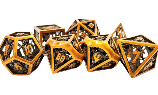 Old School Dice: Hollow Metal 7-Piece Set - Sword & Shield - Brushed Brass