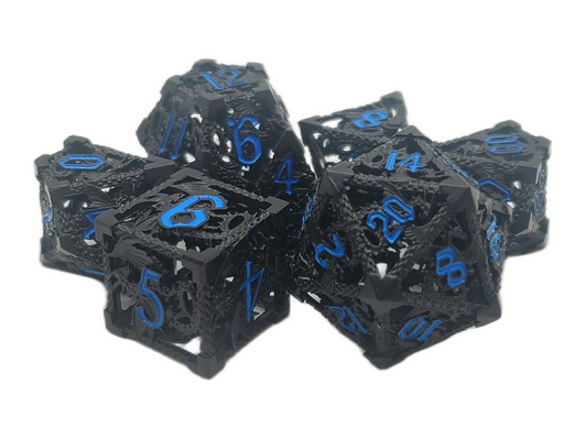 Old School Dice: Hollow Metal 7-Piece Set - Dragon - Black w/ Light Blue