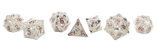 Old School Dice: Hollow Metal 7-Piece Set - Dragon - Silver w/ Red