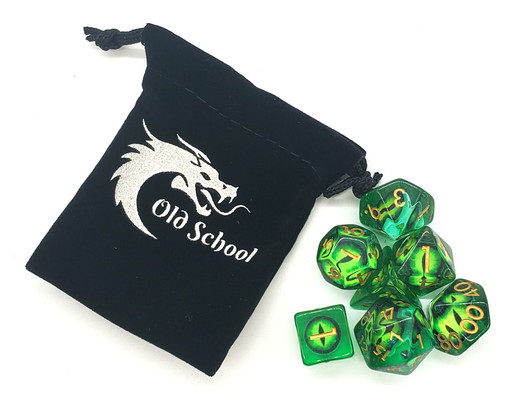 Old School 7 Piece DnD RPG Dice Set: Infused - Dragon Eye - Green - New