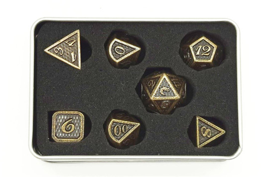 Old School 7 Piece DnD RPG Metal Dice Set: Dragon Scale - Ancient Gold