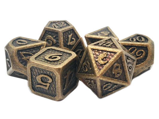 Old School 7 Piece DnD RPG Metal Dice Set: Dragon Scale - Ancient Gold