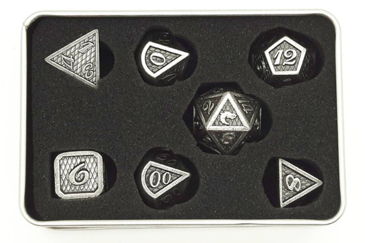 Old School 7 Piece DnD RPG Metal Dice Set: Dragon Scale - Ancient Silver