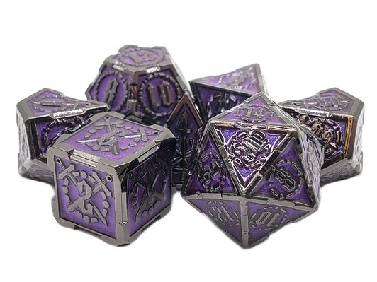 Old School 7 Piece DnD RPG Metal Dice Set: Knights of the Round Table - Black w/ Amethyst