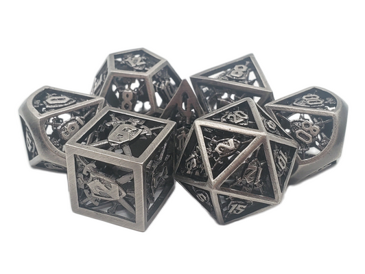 Old School Dice: Hollow Metal 7-Piece Set - Sword & Shield - Brushed Silver