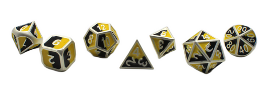 Old School 7 Piece DnD RPG Metal Dice Set: Dragon Forged - Platinum Black & Yellow