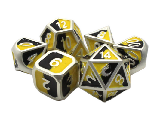 Old School 7 Piece DnD RPG Metal Dice Set: Dragon Forged - Platinum Black & Yellow