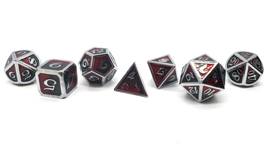 Old School 7 Piece DnD RPG Metal Dice Set: Dragon Scale - Black & Red