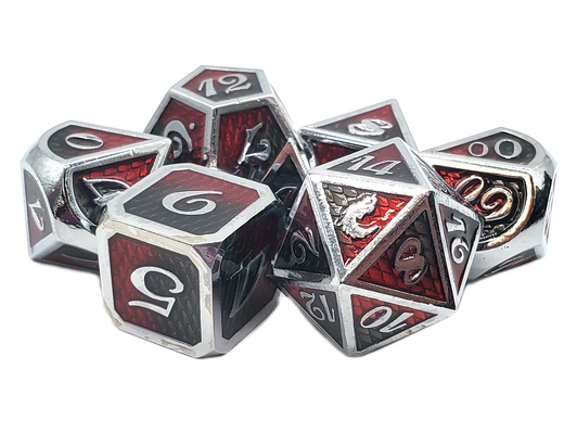 Old School 7 Piece DnD RPG Metal Dice Set: Dragon Scale - Black & Red