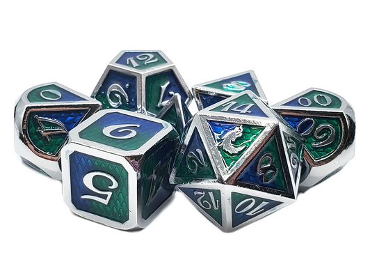 Old School 7 Piece DnD RPG Metal Dice Set: Dragon Scale - Blue & Green