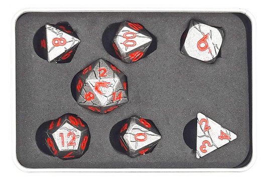 Old School 7 Piece DnD RPG Metal Dice Set: Orc Forged - Ancient Silver w/ Red