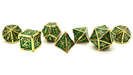 Old School 7 Piece DnD RPG Metal Dice Set: Knights of the Round Table - Green w/ Gold