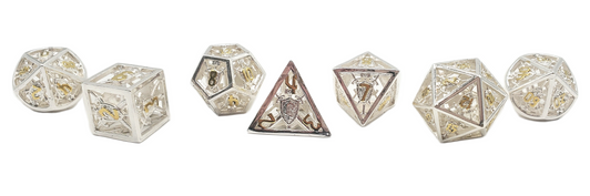 Old School Dice: Hollow Metal 7-Piece Set - Sword & Shield - Silver w/ Gold