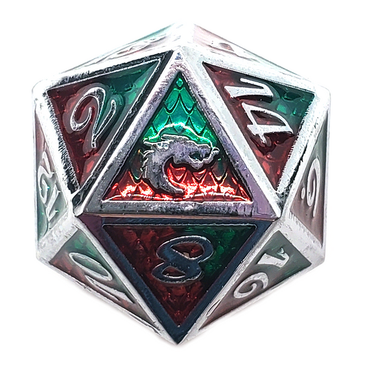 Old School 7 Piece DnD RPG Metal Dice Set: Dragon Scale - Red & Green