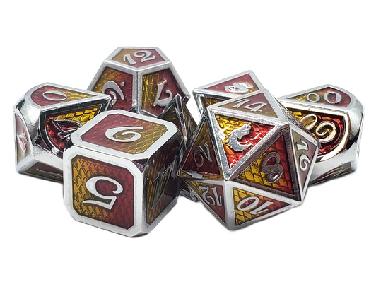 Old School 7 Piece DnD RPG Metal Dice Set: Dragon Scale - Yellow & Red