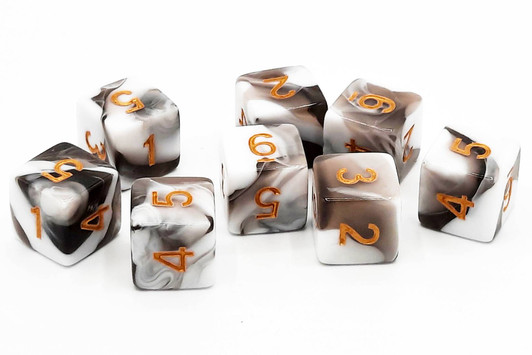 Old School Dice: D6 8-Piece Dice Set - Vorpal - Black & White w/ Gold